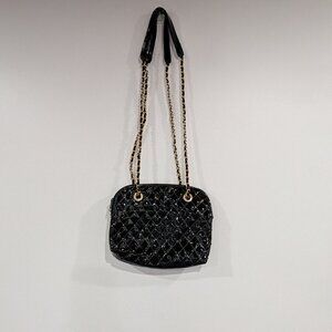 Black Pleather Purse with Gold Studs and Chain Straps